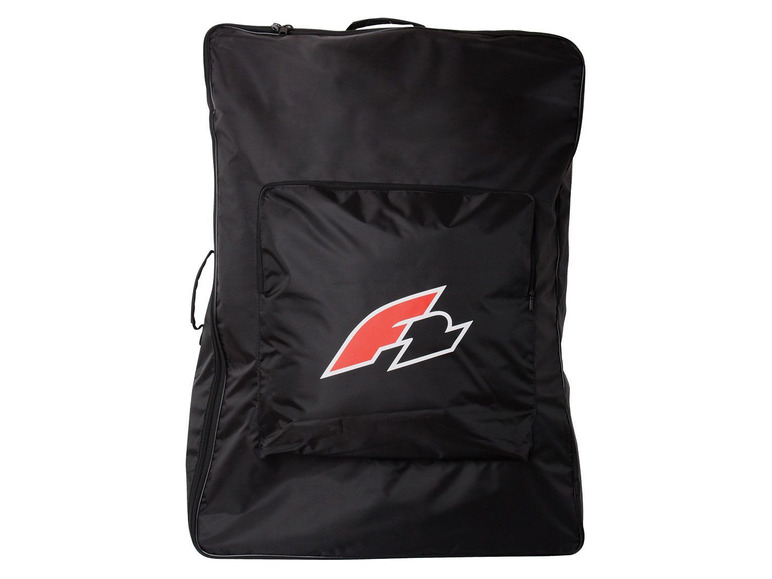 Schwarze Tasche mit rotem und weißem Logo zum Transport eines Surfboards.