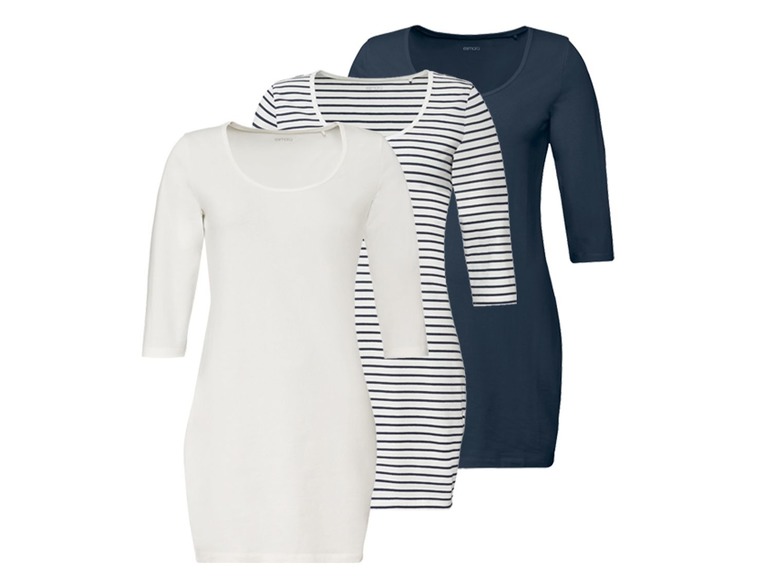 Drei Damen-T-Shirts mit langen Ärmeln: ein weißes, ein gestreiftes und ein dunkelblaues.