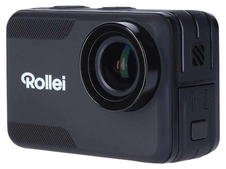 Eine schwarze Rollei Action-Kamera mit großem Objektiv.