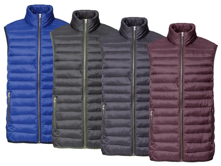 Vier verschiedene Herrenwesten mit Reißverschluss in Blau, Schwarz, Dunkelblau und Rotbraun