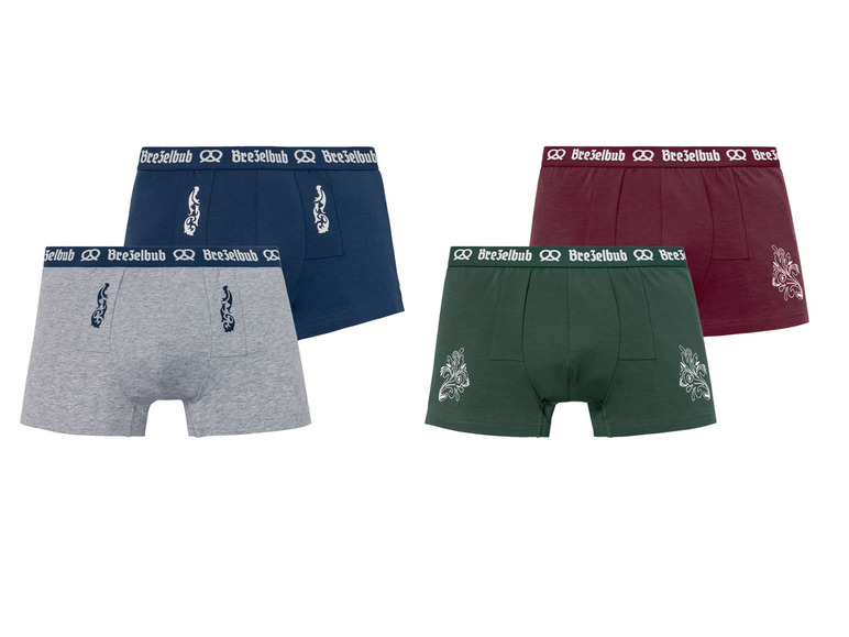 Vier Boxershorts von Brezelbub in Grau, Dunkelblau, Grün und Rot.