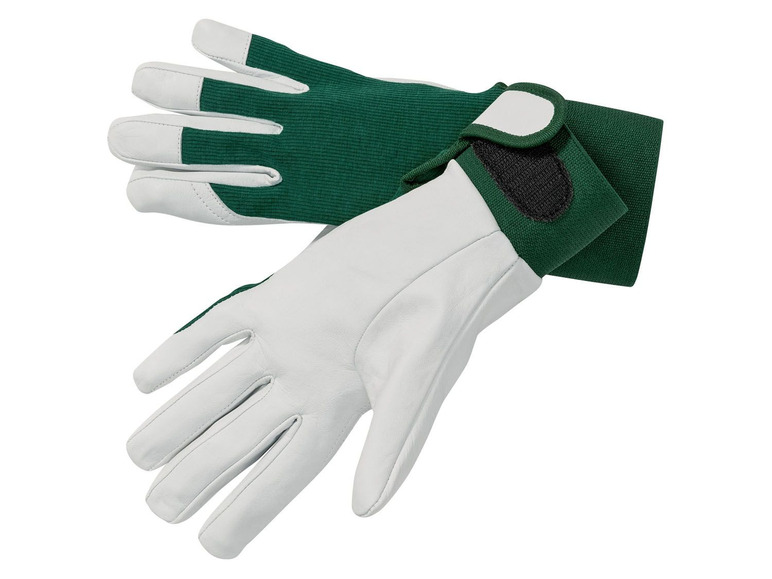 Ein Paar weiße Lederhandschuhe mit grünen Baumwollmanschetten.