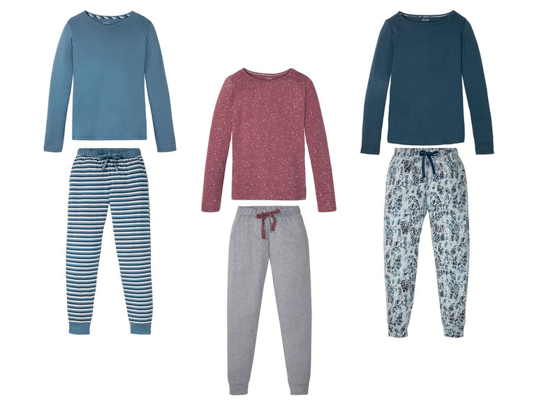 Drei Langarm-Pyjama-Sets mit gestreiften, unifarbenen und gemusterten Hosen.