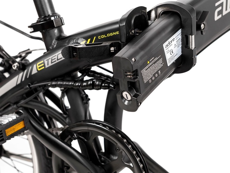 Ein schwarzes Faltrad mit einem herausnehmbaren Adore Akku.