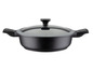 Eine schwarze Pfanne mit Deckel, zum Kochen geeignet.