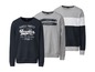 Drei Herren-Sweater: ein dunkelblauer mit 'Brooklyn'-Druck, ein grauer mit 'Urban Clothing'-Aufdruck und ein grau-weiß-blauer mit horizontalen Streifen.
