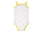 Weißer Babybody mit gelbem Besatz und Punkten.