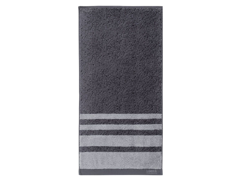 Ein graues Handtuch mit grauen Streifen der Marke LOOKS.