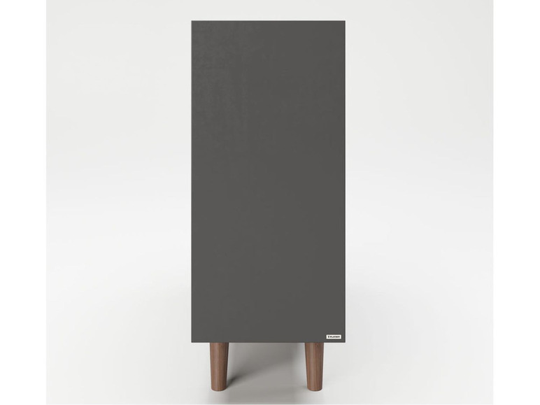 Ein grauer Schrank mit Holzbeinen der Marke Plywood.