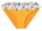 Gelber Bikini mit weiß-blauem Blumenmuster.