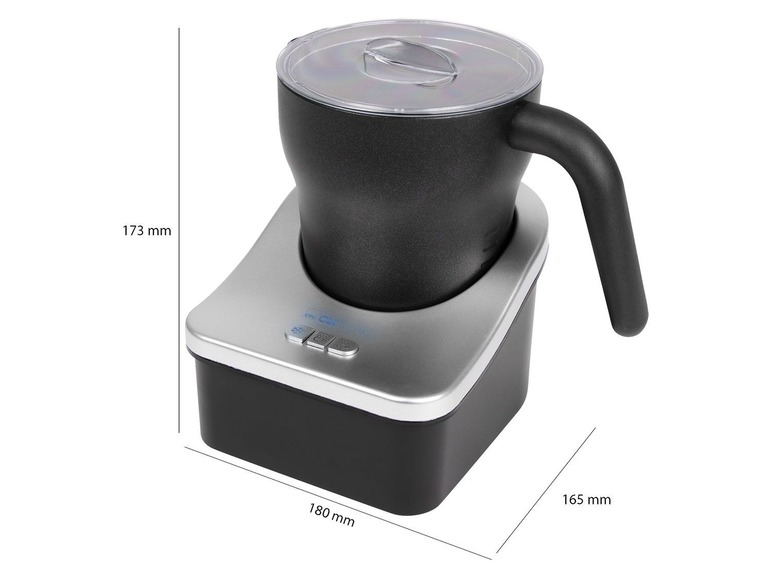 Ein schwarzer Milchaufschäumer mit Glasdeckel auf einem silbernen Sockel.