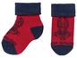 Zwei rote Socken mit blauen Bündchen und Bugs Bunny-Motiv.