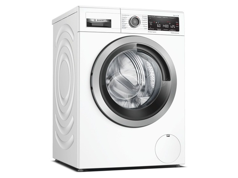 Eine weiße Bosch Waschmaschine mit einem großen Display.