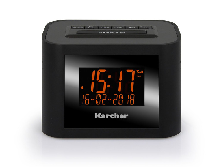 Ein schwarzer Karcher Radiowecker mit großem Digitaldisplay.