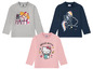 Drei Langarm-Shirts für Mädchen mit Motiven von Paw Patrol, My Little Pony und Hello Kitty.