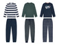 Drei Pyjama-Sets mit gestreiften, einfarbigen und karierten Hosen.