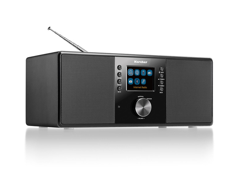 Ein schwarzes Karcher Internet-Radio mit einem großen Bildschirm und Knöpfen.