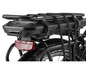 Hintenansicht eines schwarzen E-Bikes mit integriertem Akku und Gepäckträger.