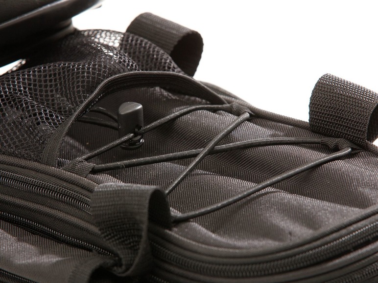 Eine schwarze Fahrradtasche mit Netzfach und Kordelzug.