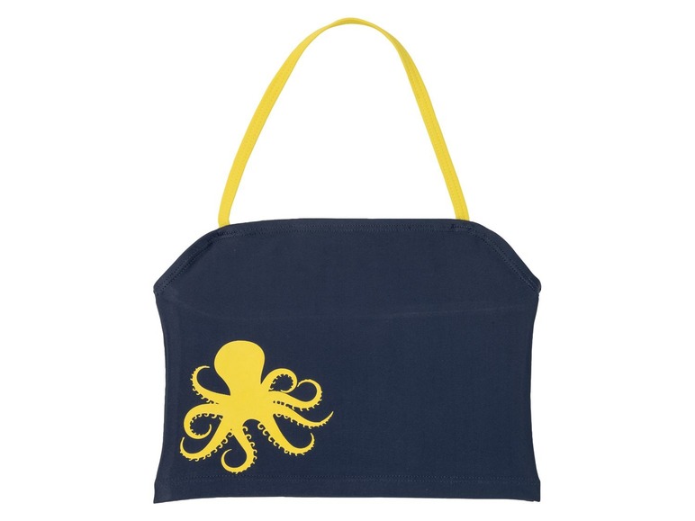 Ein dunkelblaues Halstrop mit gelbem Octopus-Druck.