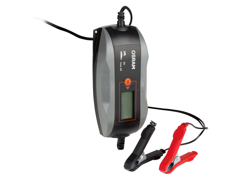 Ein Osram Batterieladegerät mit Klemmen für Autobatterien.
