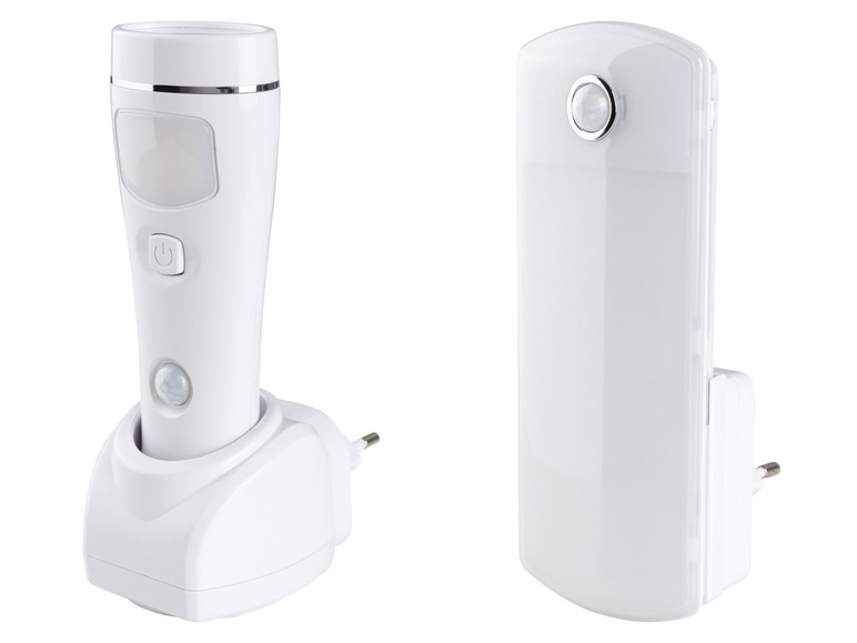 Zwei weiße LED-Nachtlichter mit Bewegungssensor.