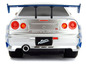 Ein silbernes Nissan Skyline GT-R Spielzeugauto mit Fast & Furious-Logo.