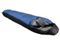 Ein blauer Schlafsack mit schwarzer Außenschicht, aufgeklappt.