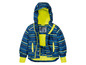 Blau-gelbe gestreifte Kinderjacke mit Kapuze.