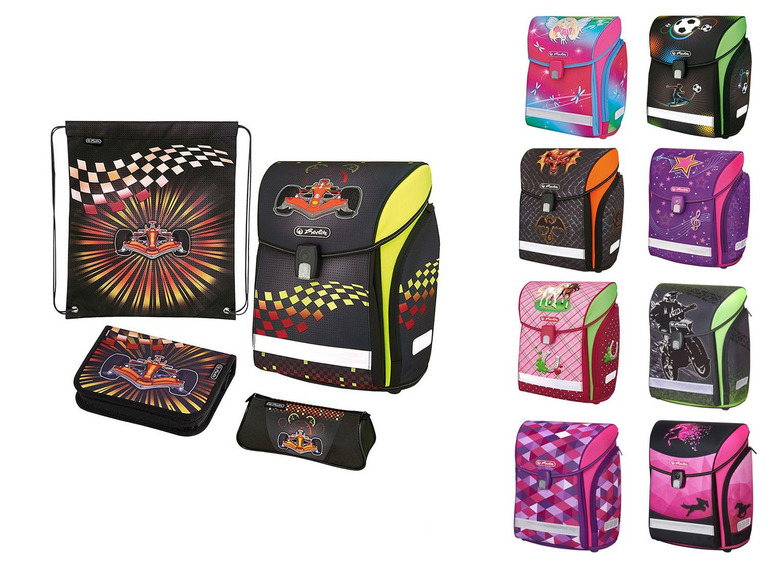 Schulrucksäcke mit verschiedenen Designs, darunter ein Rennwagen, ein Einhorn, ein Motorrad und Musik.