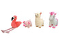Ein rosa Flamingo, ein Schwein, ein Lama und ein Einhorn Plüschtier.