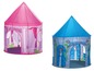 Zwei Spielzelte, ein rosafarbenes mit einem Schlossmotiv und ein blaues mit einem Rittermotiv.