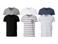 Sechs V-Ausschnitt-T-Shirts von Livergy in verschiedenen Farben und Mustern.