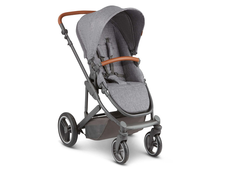 Ein grauer Kinderwagen mit Lederdetails.