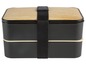 Eine schwarze Bento-Box mit Holzdeckel und Band.