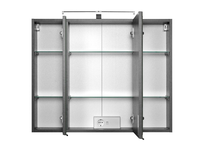 Grauer Badschrank mit Spiegeltüren, Beleuchtung und Glasböden.