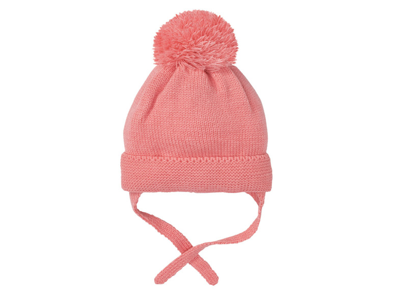 Eine rosa Strickmütze mit Bommel.