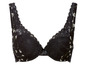 Ein schwarzer BH mit Blumenmuster und Spitze.
