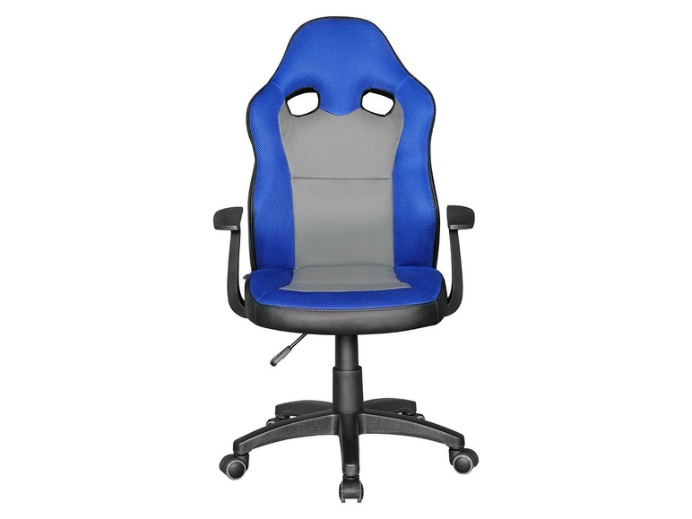 Ein blauer und grauer Gaming-Stuhl mit Rollen.