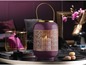 Lilafarbene Laterne mit goldenen Details, Macarons und Diffusor.
