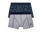 Zwei Boxershorts, eine grau und eine mit tropischem Muster.