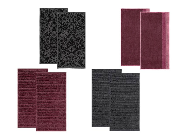 Küchenhandtücher in verschiedenen Farben und Mustern, darunter Damast.