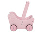 Ein rosa Holzspielzeugwagen mit Griff.