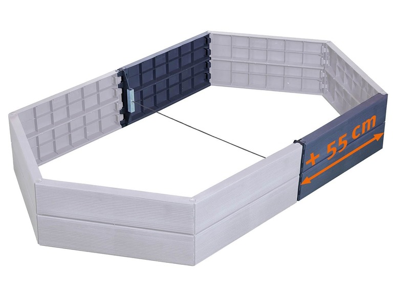 Ein sechseckiger Pflanzkasten aus Kunststoff zum Anbau von Pflanzen und Gemüse.