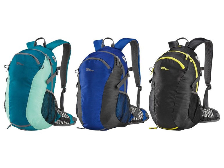 Drei Rucksäcke in verschiedenen Farben: Türkis mit Mint, Blau mit Grau und Schwarz mit Gelb.