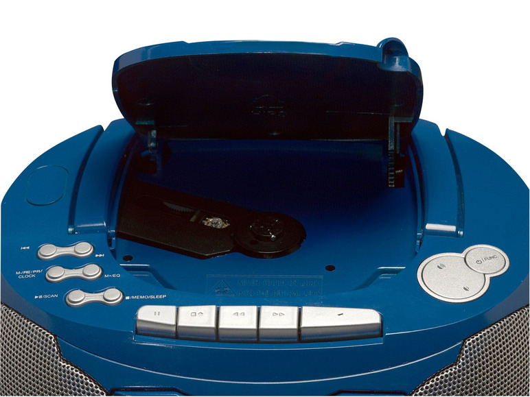 Ein blauer CD-Player mit offenem CD-Fach.