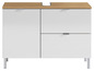 Weißer Badschrank mit Holzplatte und zwei Schubladen.
