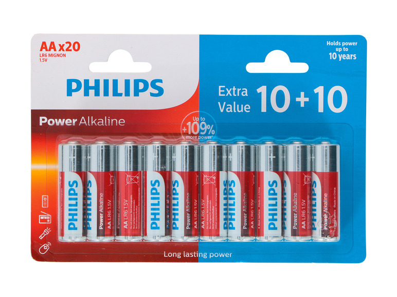 Verpackung mit 20 AA-Batterien von Philips, Extra-Wert-Pack mit 10+10 Batterien.