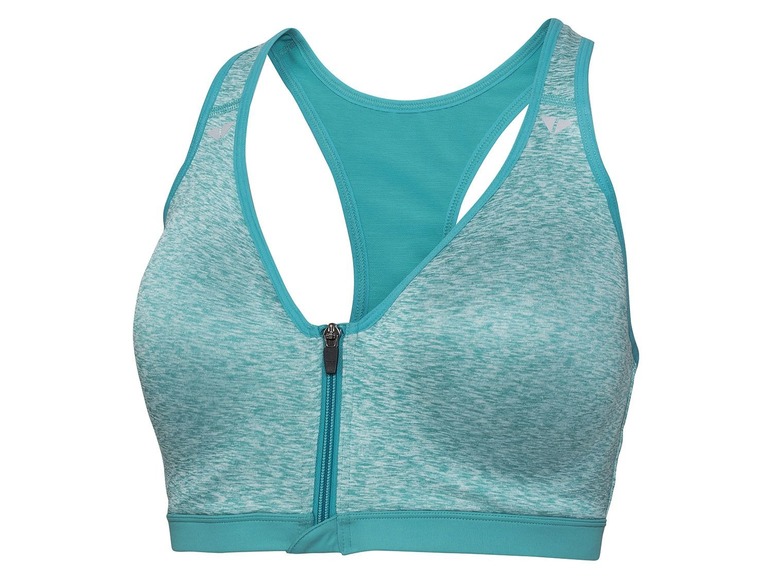 Ein türkisfarbener Sport-BH mit Reißverschluss.