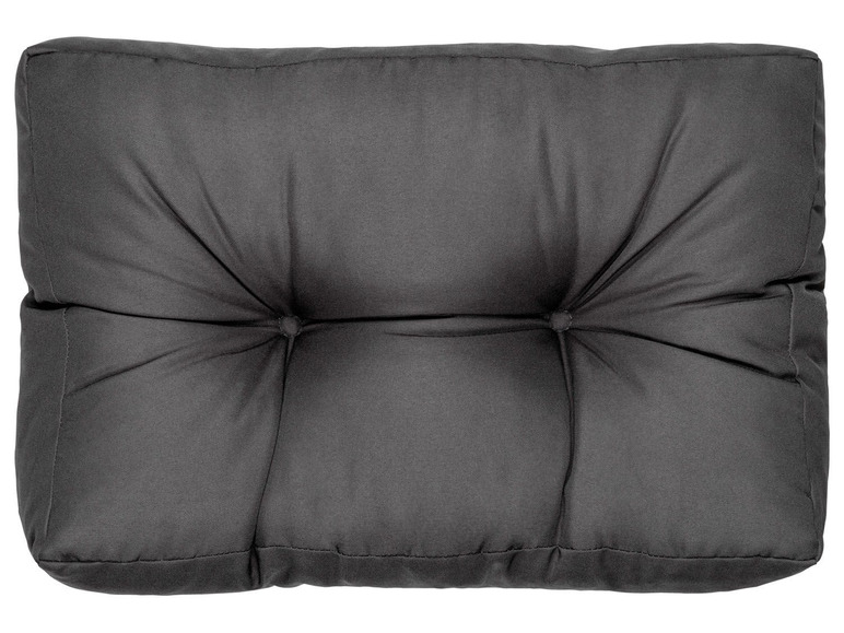 Ein graues, gepolstertes Kissen für Gartenstühle.